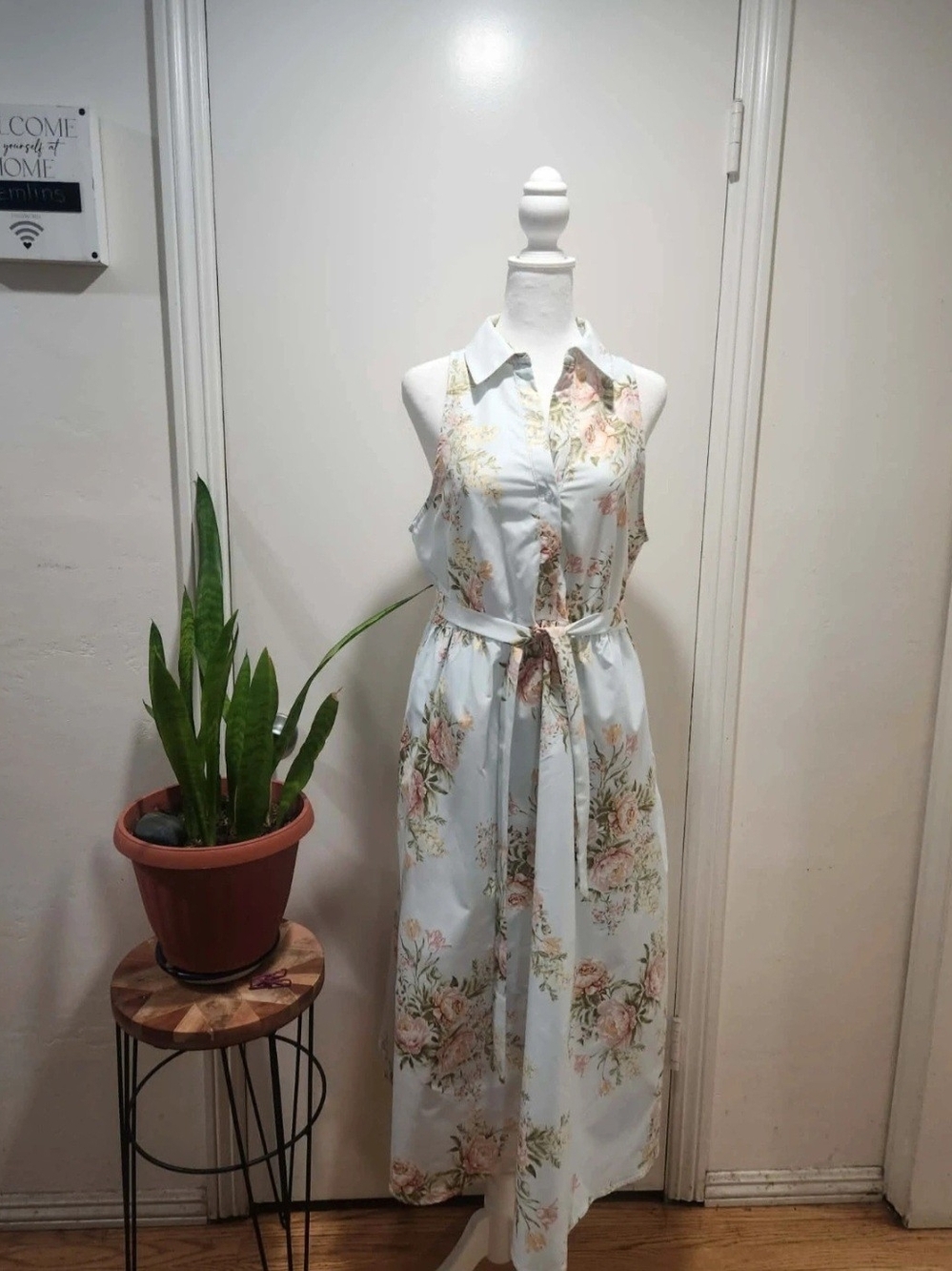 Sleeveless Floral Shirt Dress with Waist Tie - Light Blue